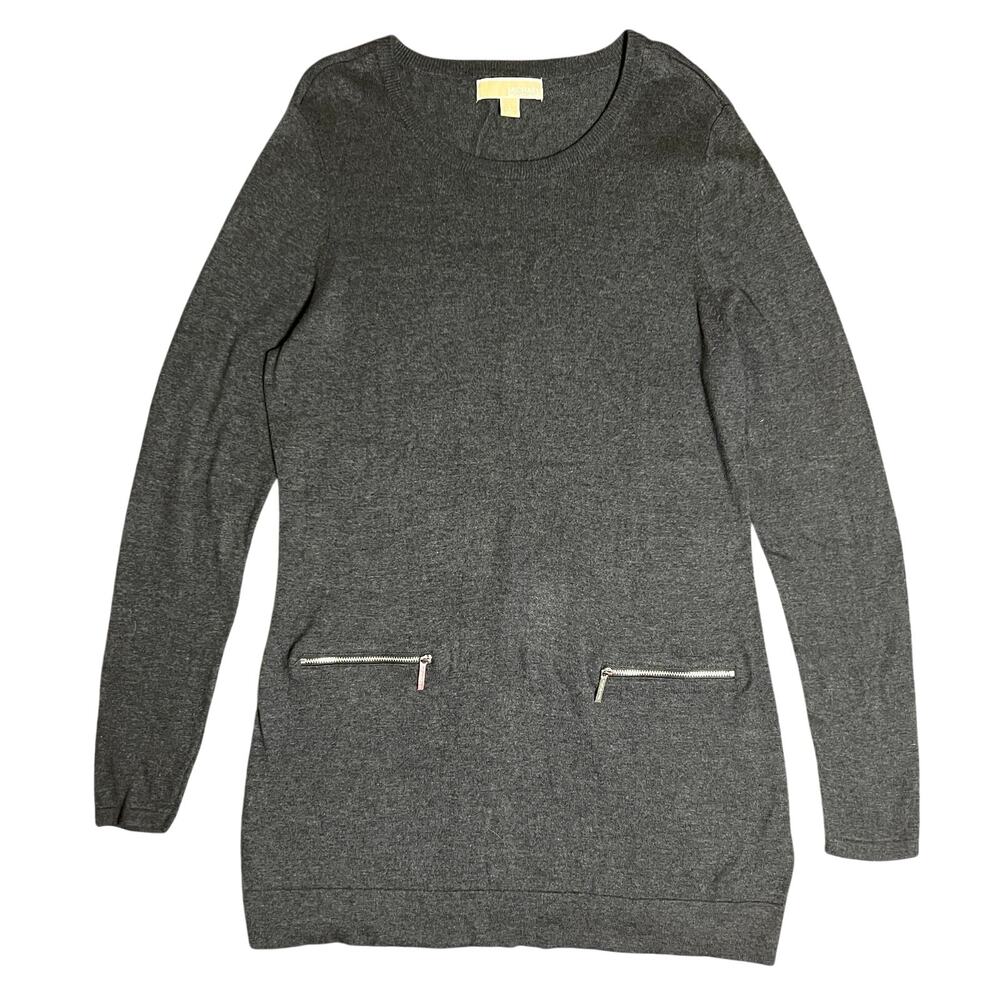 Michael Kors Charcoal Gray Knit Tunic Sweater Zipper Accent Pockets Size Large